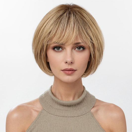 10 Inch Brown Mixed Blonde Wigs Human Hair for Women, Remy Human Hair Wigs, Human Hair Wigs with Bangs