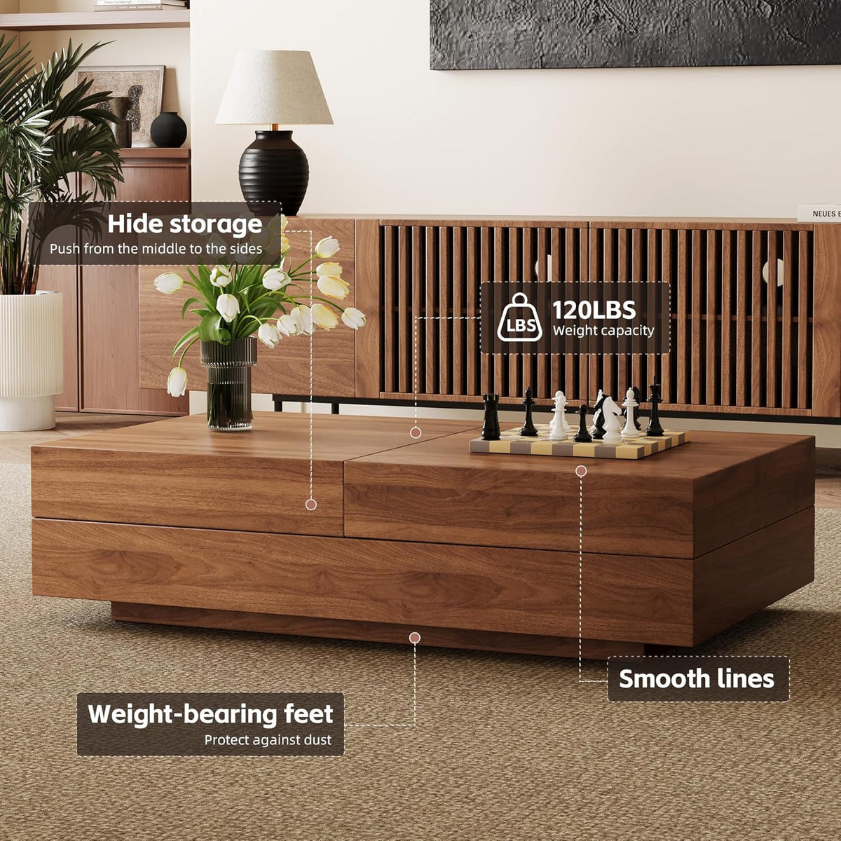 Mid-Century Expandable Coffee Table with Storage – 47.2"-81.9" Adjustable Center Table for Living Room, Walnut Wood Finish