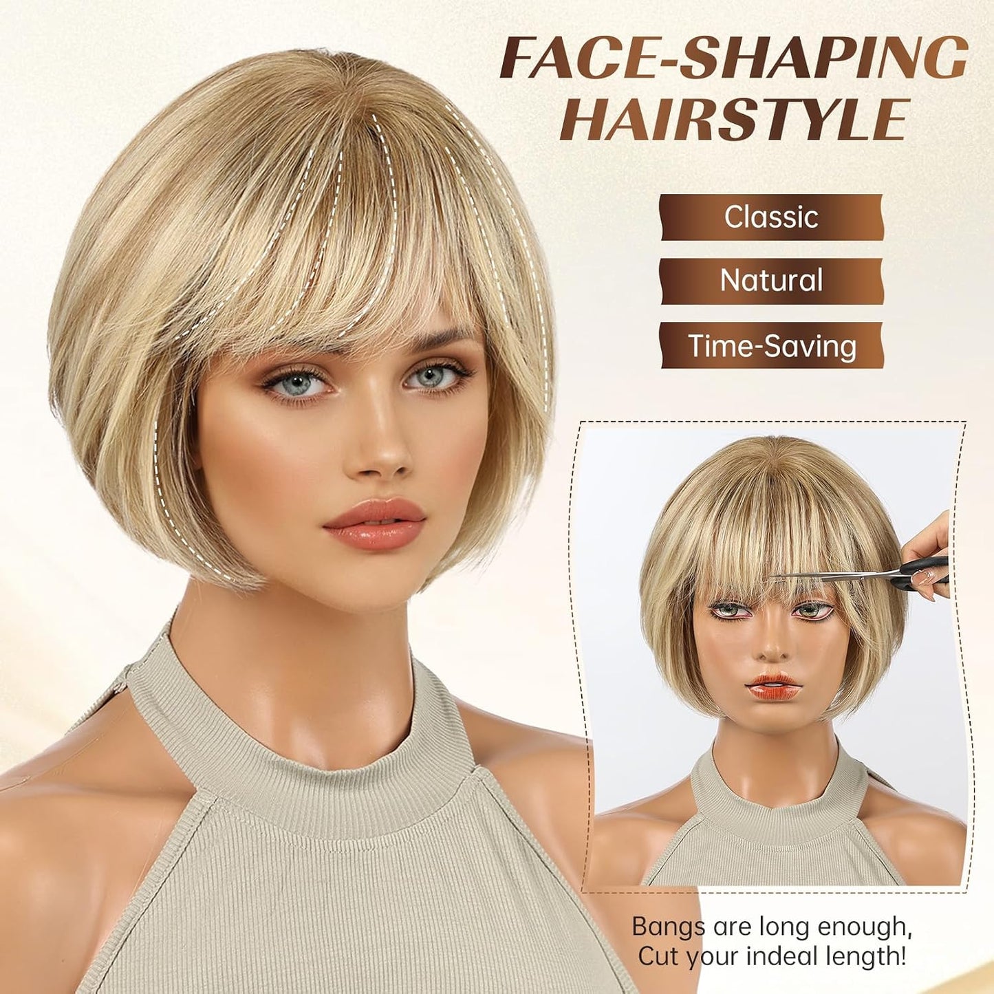 10 Inch Brown Mixed Blonde Wigs Human Hair for Women, Remy Human Hair Wigs, Human Hair Wigs with Bangs