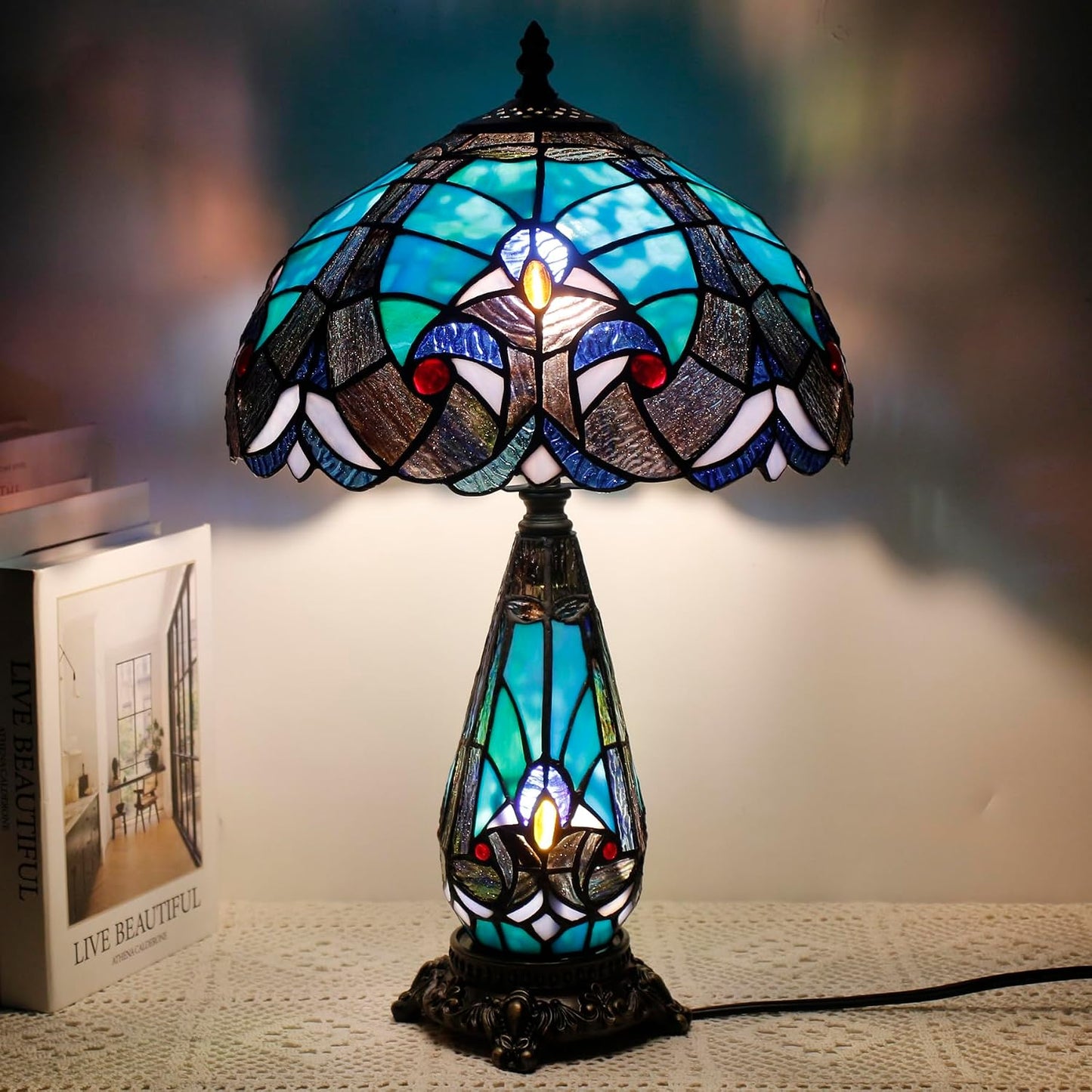 Tiffany Stained Glass Table Lamp 12X19 Inches Red Stained