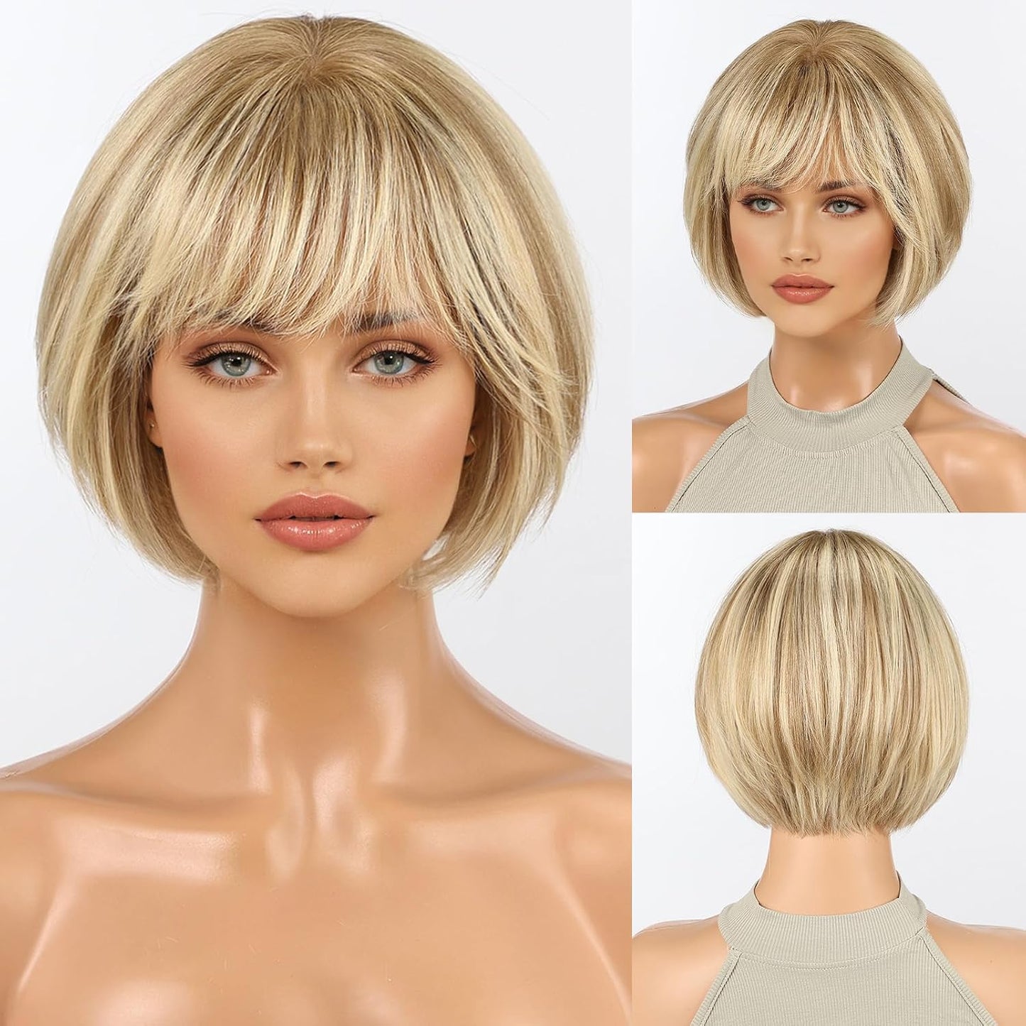 10 Inch Brown Mixed Blonde Wigs Human Hair for Women, Remy Human Hair Wigs, Human Hair Wigs with Bangs