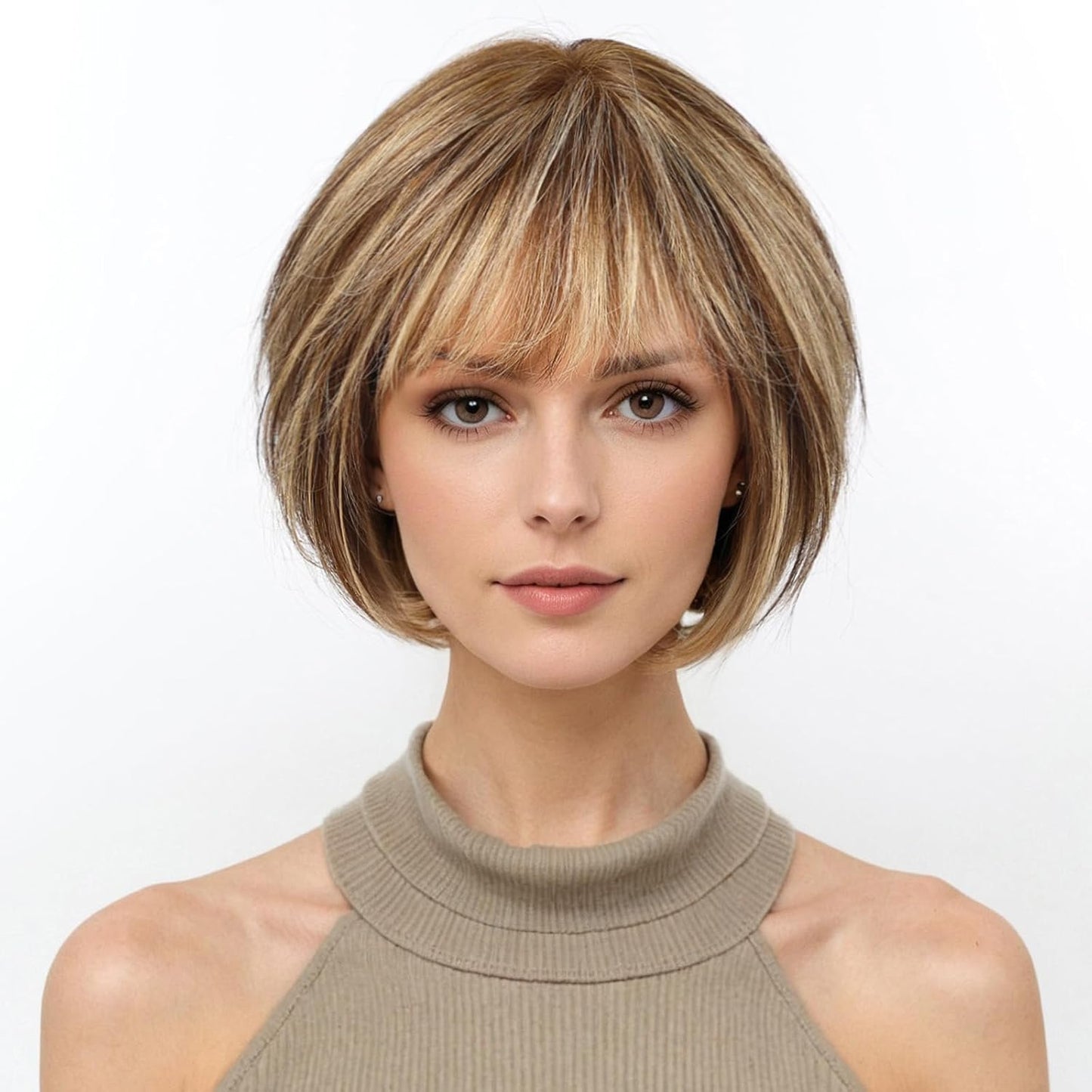 10 Inch Brown Mixed Blonde Wigs Human Hair for Women, Remy Human Hair Wigs, Human Hair Wigs with Bangs