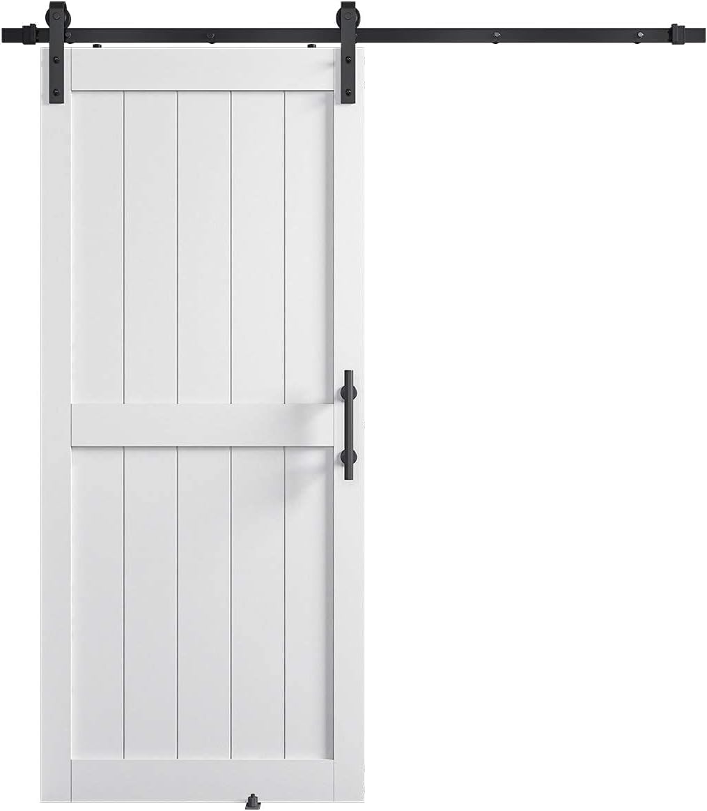Sliding Barn Door with 6.6ft Barn Door Hardware Kit & Handle | White Solid Barn Door Slab Covered with Water-Proof PVC Surface, Pre-Drilled Holes Easy Assembly, H-Frame