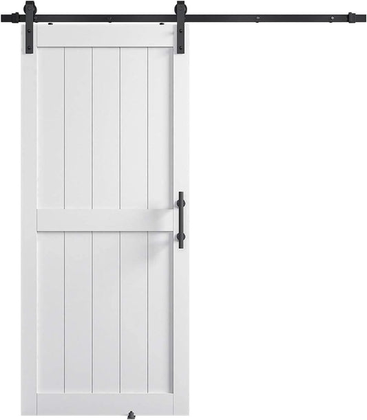Sliding Barn Door with 6.6ft Barn Door Hardware Kit & Handle | White Solid Barn Door Slab Covered with Water-Proof PVC Surface, Pre-Drilled Holes Easy Assembly, H-Frame