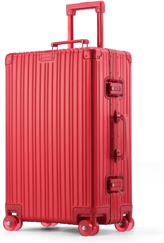 All Aluminum Carry On Luggage with Spinner Wheels, 20 Inch Red | Zipperless Hard Shell Suitcase with Jelly Wheels, TSA Lock, Leather Handle, Lightweight Luggage for Travel or Business Trip