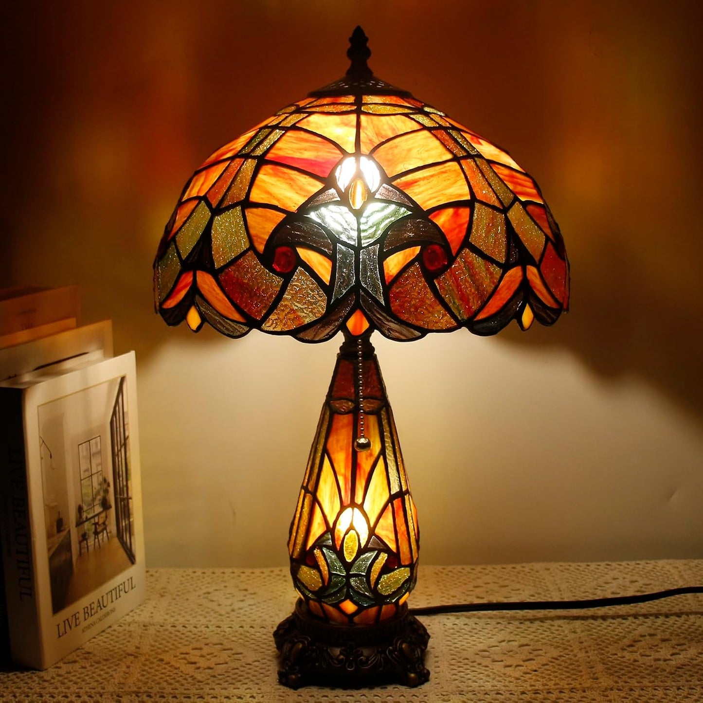 Tiffany Stained Glass Table Lamp 12X19 Inches Red Stained