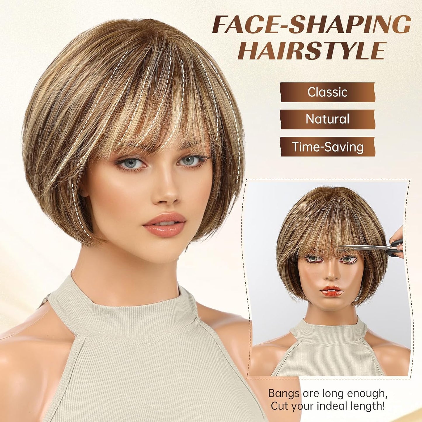 10 Inch Brown Mixed Blonde Wigs Human Hair for Women, Remy Human Hair Wigs, Human Hair Wigs with Bangs