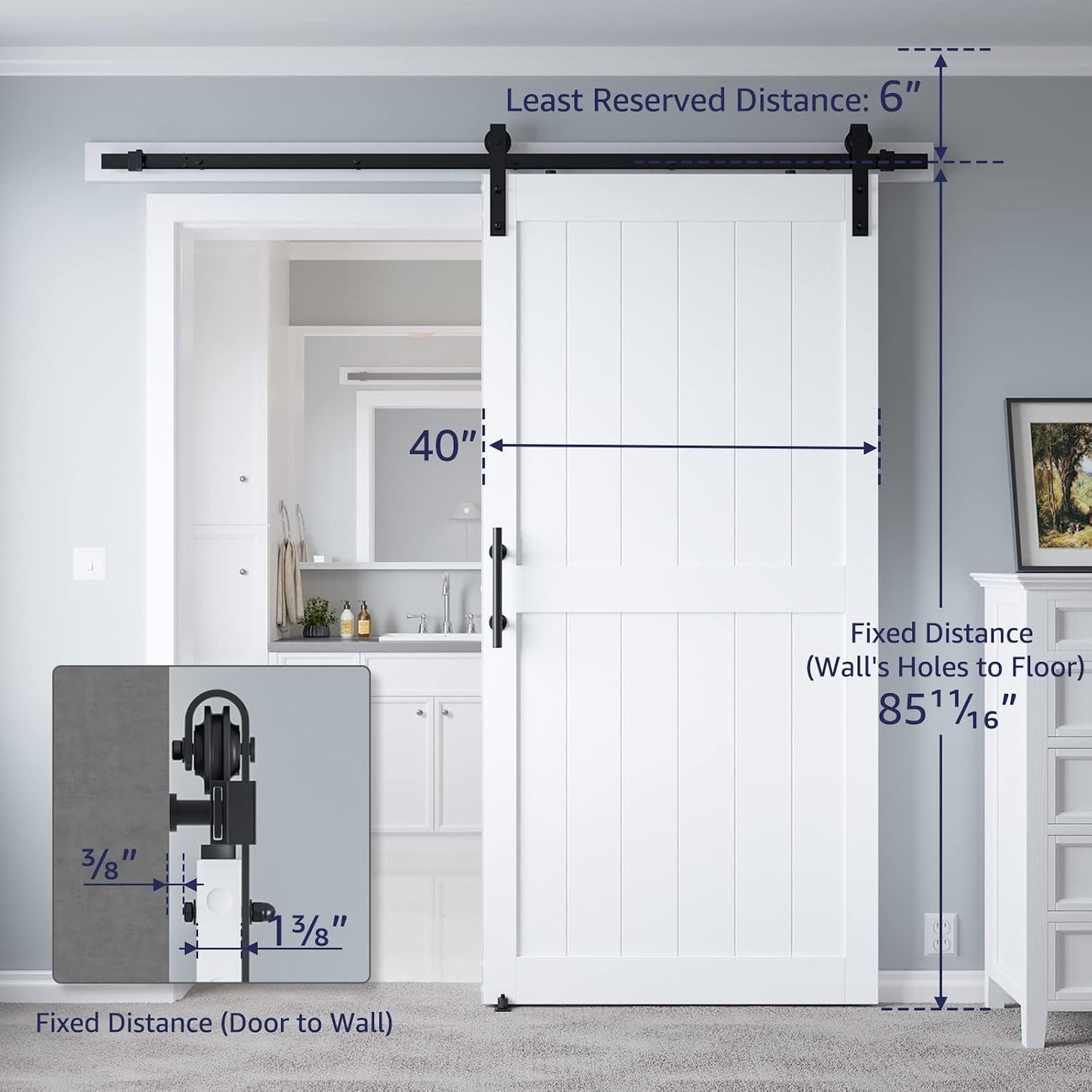 Sliding Barn Door with 6.6ft Barn Door Hardware Kit & Handle | White Solid Barn Door Slab Covered with Water-Proof PVC Surface, Pre-Drilled Holes Easy Assembly, H-Frame