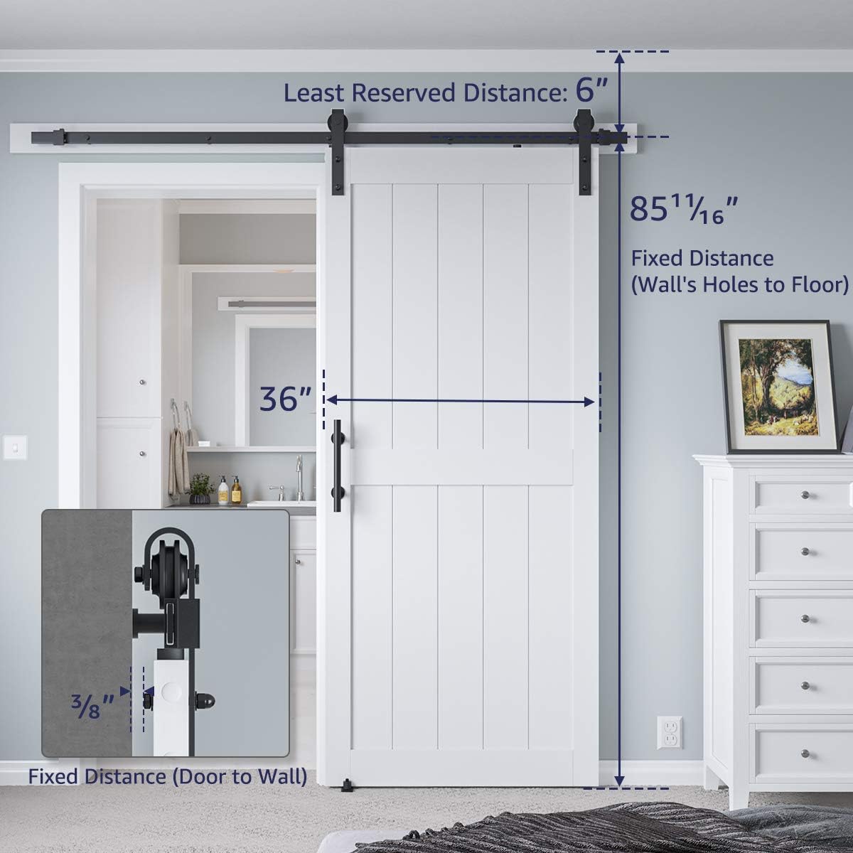 Sliding Barn Door with 6.6ft Barn Door Hardware Kit & Handle | White Solid Barn Door Slab Covered with Water-Proof PVC Surface, Pre-Drilled Holes Easy Assembly, H-Frame