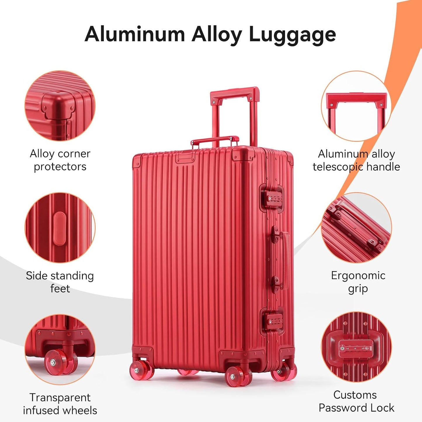 All Aluminum Carry On Luggage with Spinner Wheels, 20 Inch Red | Zipperless Hard Shell Suitcase with Jelly Wheels, TSA Lock, Leather Handle, Lightweight Luggage for Travel or Business Trip