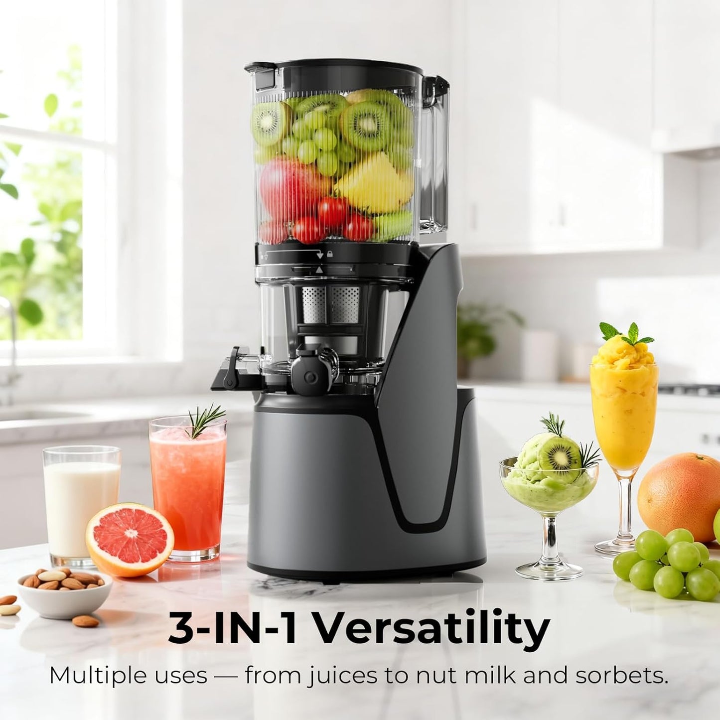 Juicer Machines, 3-in-1 Cold Press Juicer, Premium Gray | Makes Juice, Nut Milk & Sorbet, 6.5" Extra Large Chute, 100oz Large Capacity, AC Motor
