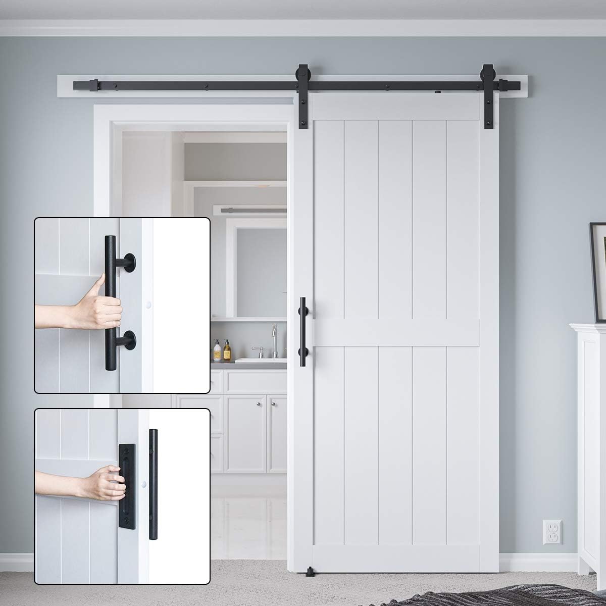 Sliding Barn Door with 6.6ft Barn Door Hardware Kit & Handle | White Solid Barn Door Slab Covered with Water-Proof PVC Surface, Pre-Drilled Holes Easy Assembly, H-Frame