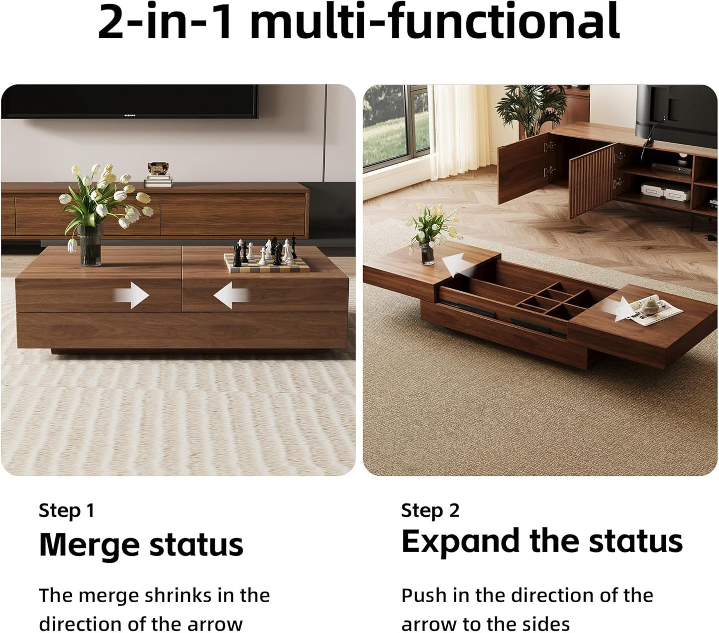 Mid-Century Expandable Coffee Table with Storage – 47.2"-81.9" Adjustable Center Table for Living Room, Walnut Wood Finish