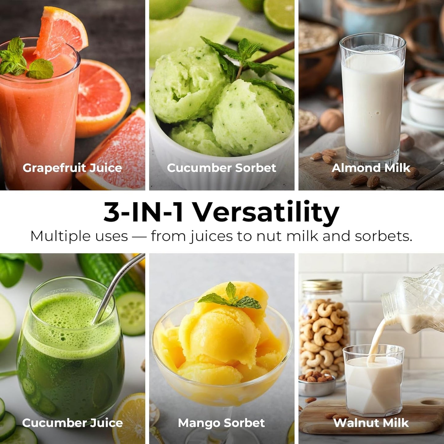 Juicer Machines, 3-in-1 Cold Press Juicer, Premium Gray | Makes Juice, Nut Milk & Sorbet, 6.5" Extra Large Chute, 100oz Large Capacity, AC Motor