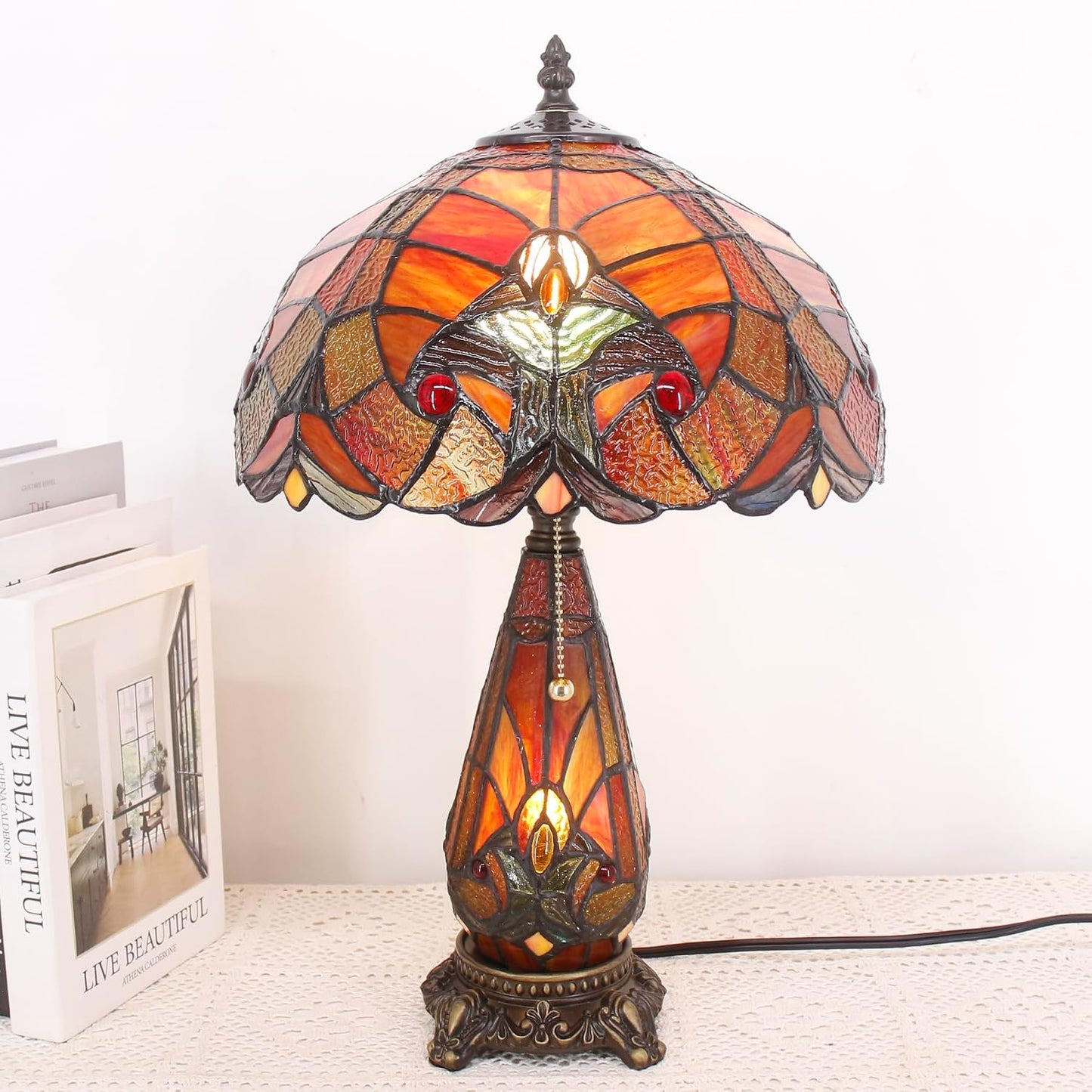 Tiffany Stained Glass Table Lamp 12X19 Inches Red Stained