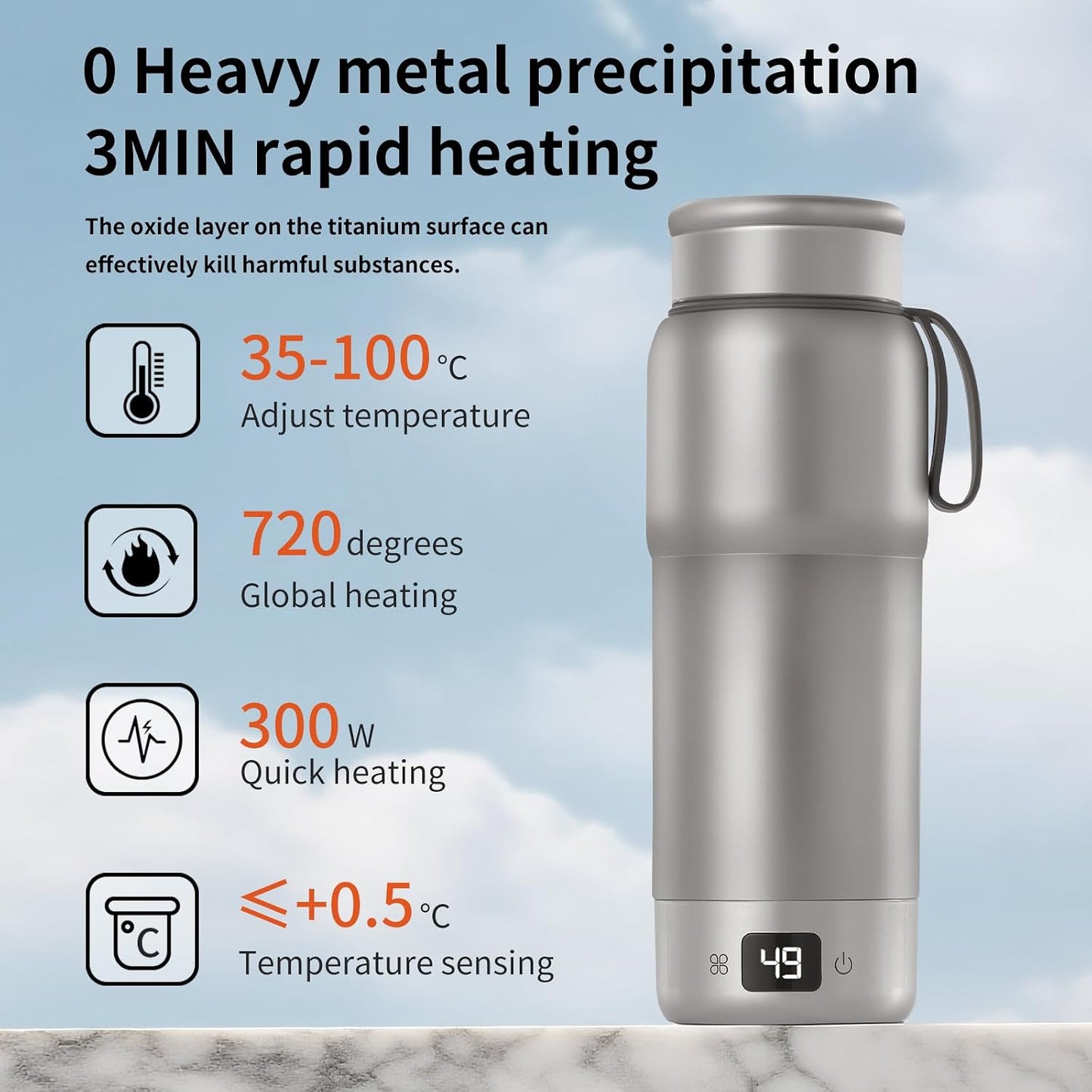 Pure titanium Electric Heated Travel Kettle | ,17.5 oz,Double-layer vacuum, Portable Electric Kettle, Adjustable Multi-Temperature Settings, 100V-240V Compatible.