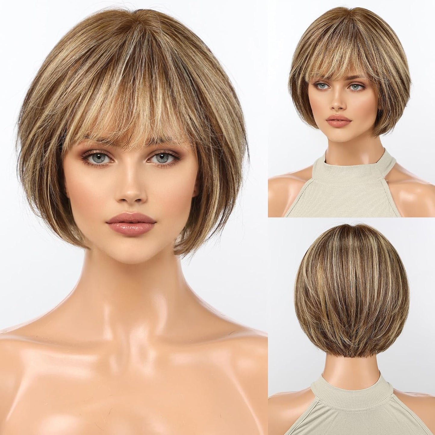 10 Inch Brown Mixed Blonde Wigs Human Hair for Women, Remy Human Hair Wigs, Human Hair Wigs with Bangs