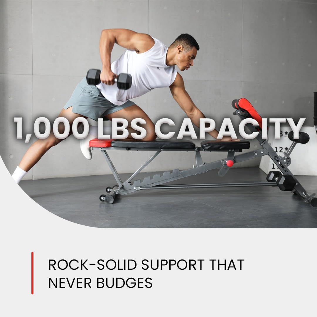 Multi-Functional Adjustable FID Weight Bench and Roman Chair | 1,000 Lb Capacity, 23 Settings, Flat Incline Decline for Total Body Workouts, Transport Wheels, Exercise Chart Included