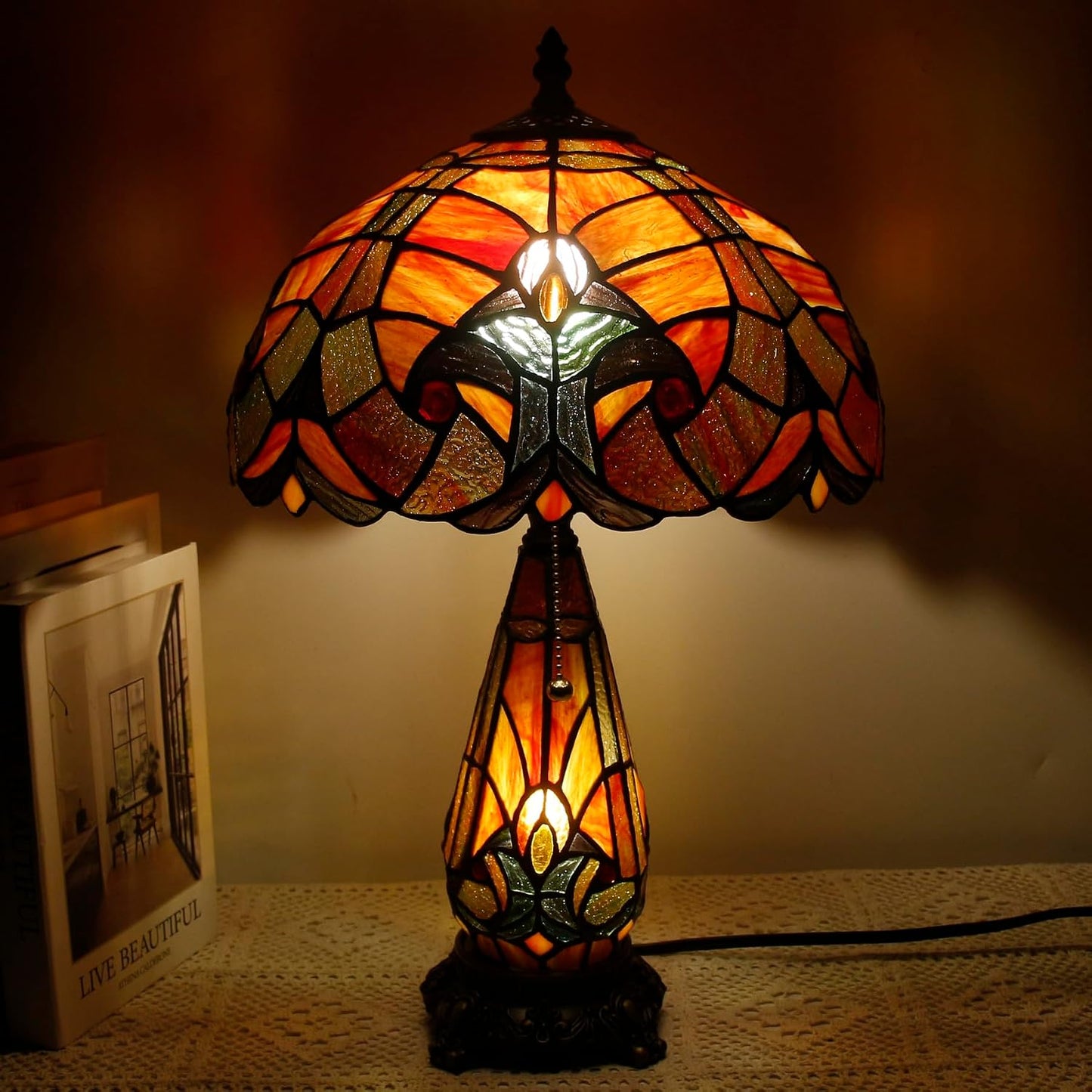 Tiffany Stained Glass Table Lamp 12X19 Inches Red Stained