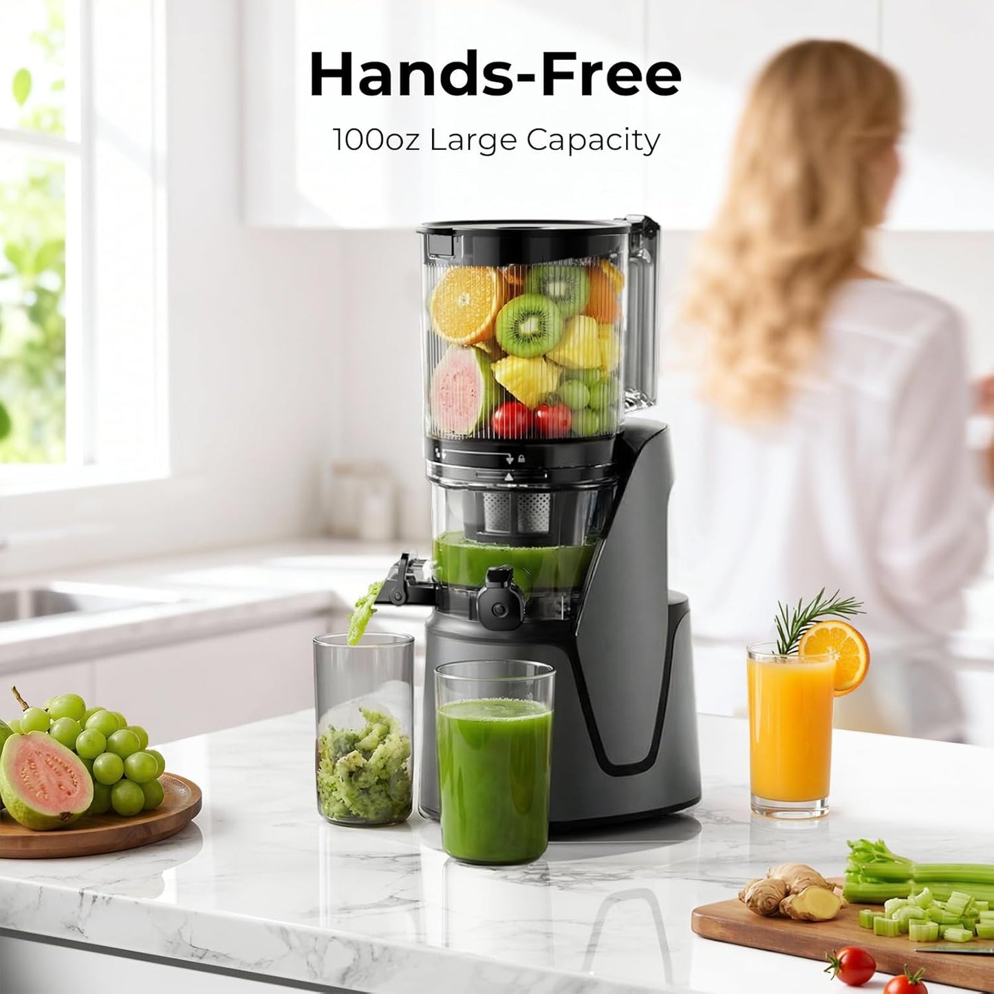Juicer Machines, 3-in-1 Cold Press Juicer, Premium Gray | Makes Juice, Nut Milk & Sorbet, 6.5" Extra Large Chute, 100oz Large Capacity, AC Motor