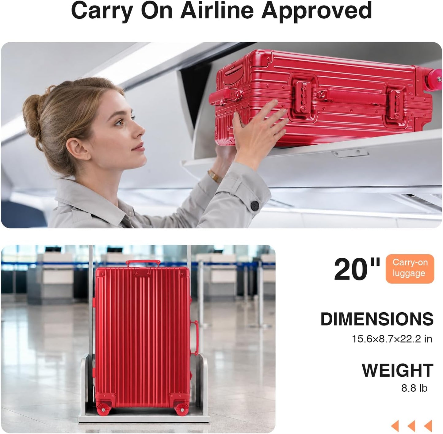 All Aluminum Carry On Luggage with Spinner Wheels, 20 Inch Red | Zipperless Hard Shell Suitcase with Jelly Wheels, TSA Lock, Leather Handle, Lightweight Luggage for Travel or Business Trip