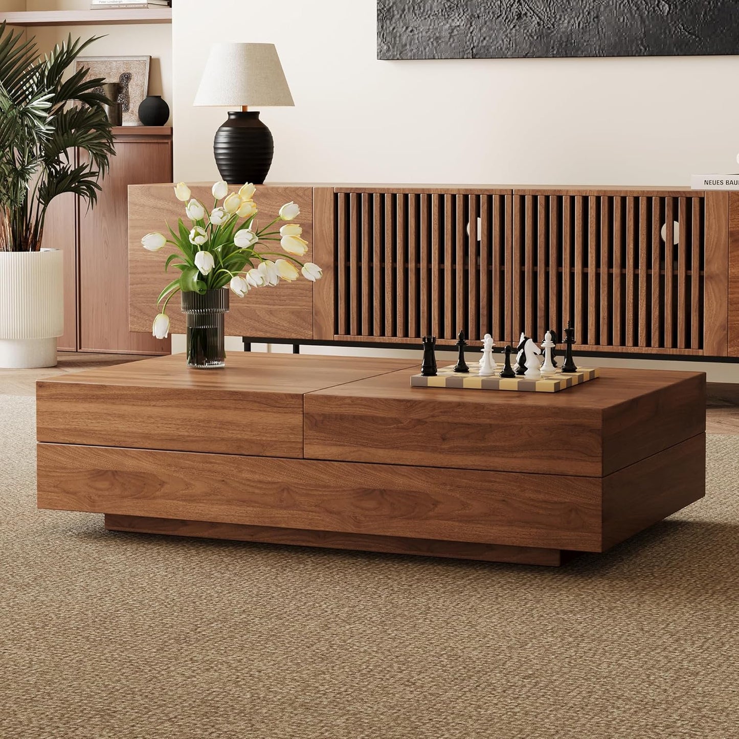 Mid-Century Expandable Coffee Table with Storage – 47.2"-81.9" Adjustable Center Table for Living Room, Walnut Wood Finish