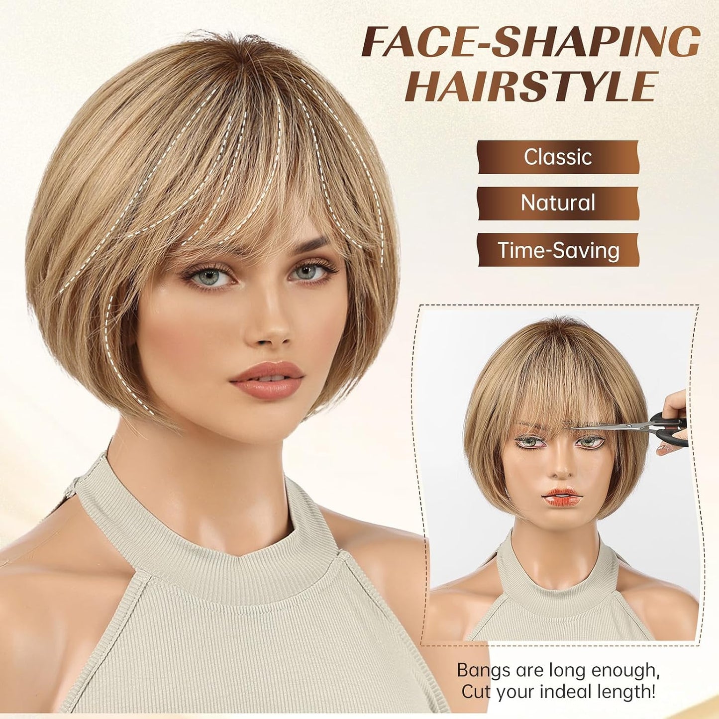 10 Inch Brown Mixed Blonde Wigs Human Hair for Women, Remy Human Hair Wigs, Human Hair Wigs with Bangs