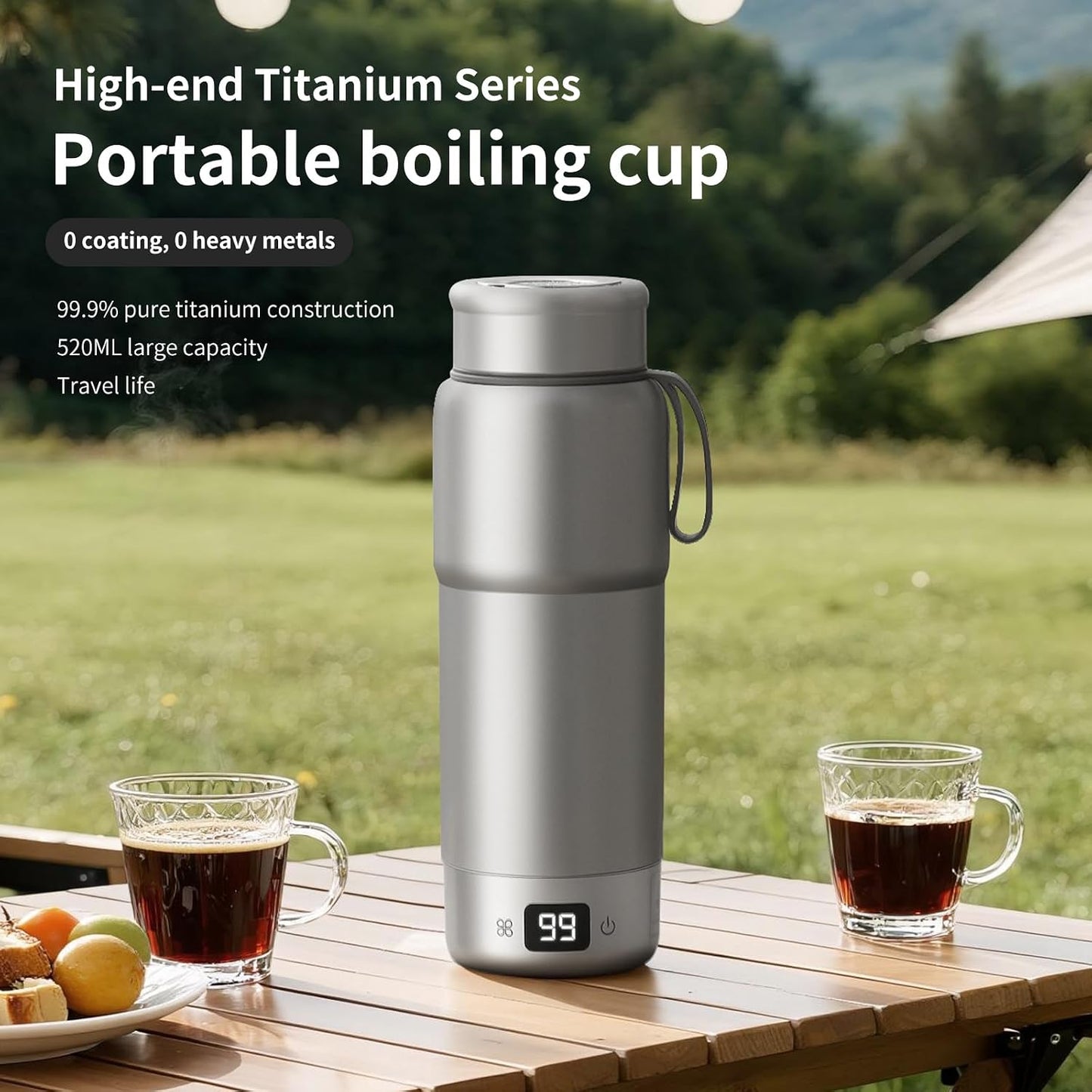 Pure titanium Electric Heated Travel Kettle | ,17.5 oz,Double-layer vacuum, Portable Electric Kettle, Adjustable Multi-Temperature Settings, 100V-240V Compatible.