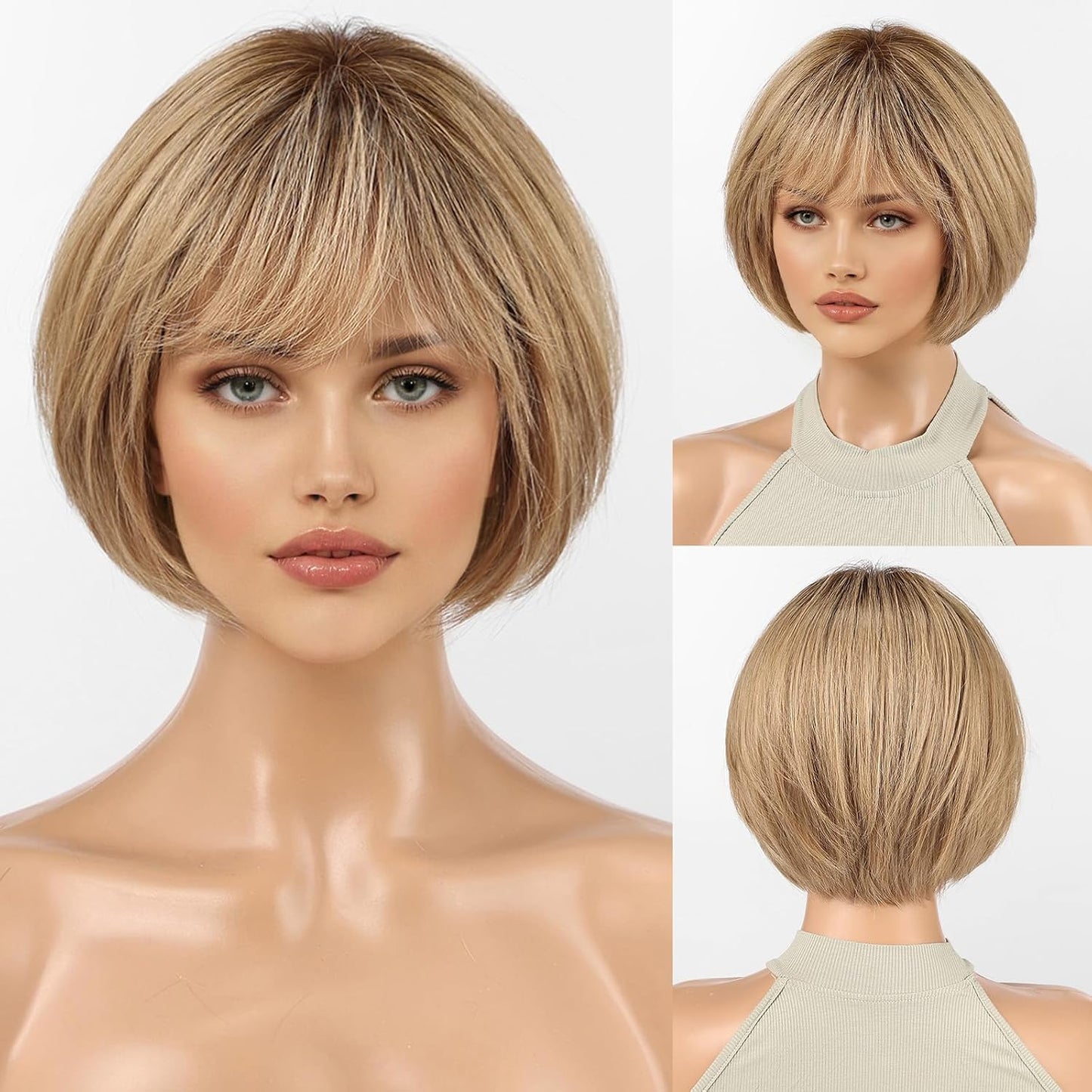10 Inch Brown Mixed Blonde Wigs Human Hair for Women, Remy Human Hair Wigs, Human Hair Wigs with Bangs