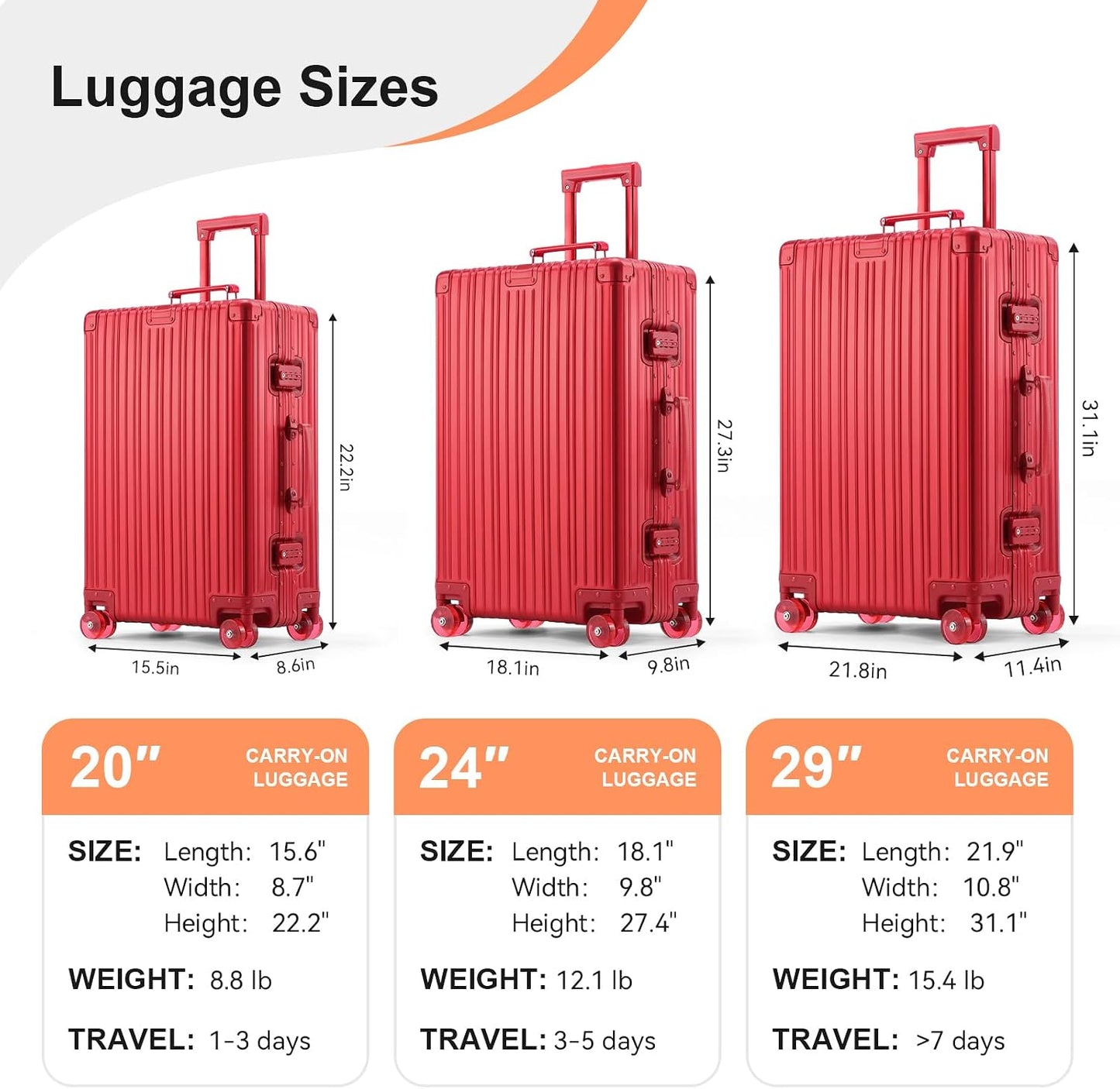 All Aluminum Carry On Luggage with Spinner Wheels, 20 Inch Red | Zipperless Hard Shell Suitcase with Jelly Wheels, TSA Lock, Leather Handle, Lightweight Luggage for Travel or Business Trip