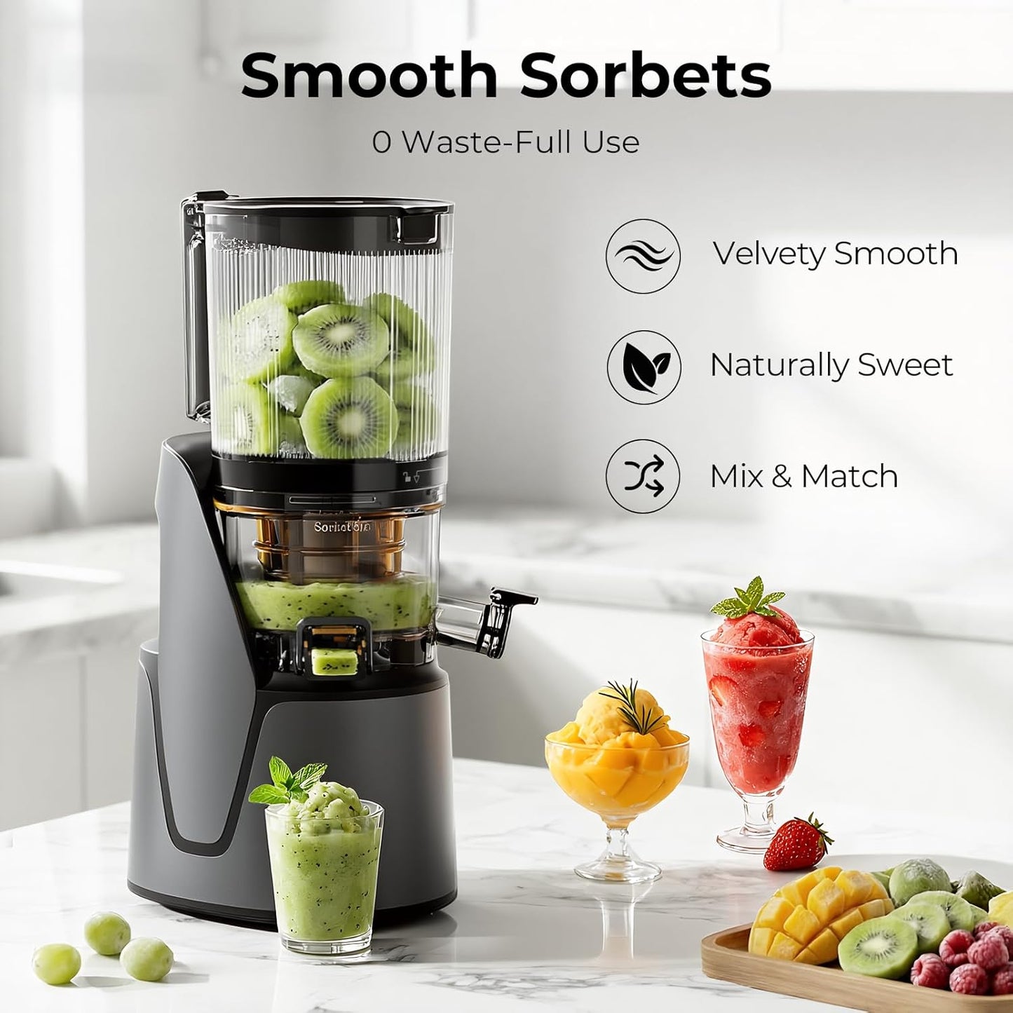 Juicer Machines, 3-in-1 Cold Press Juicer, Premium Gray | Makes Juice, Nut Milk & Sorbet, 6.5" Extra Large Chute, 100oz Large Capacity, AC Motor
