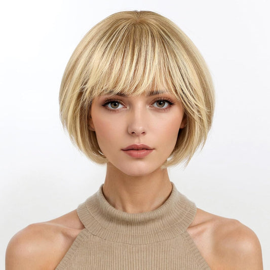 10 Inch Brown Mixed Blonde Wigs Human Hair for Women, Remy Human Hair Wigs, Human Hair Wigs with Bangs